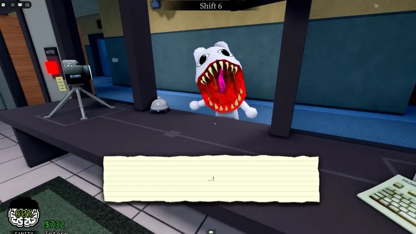 A colorful monster appears above a reception desk in the Roblox-style Animal Hospital horror game