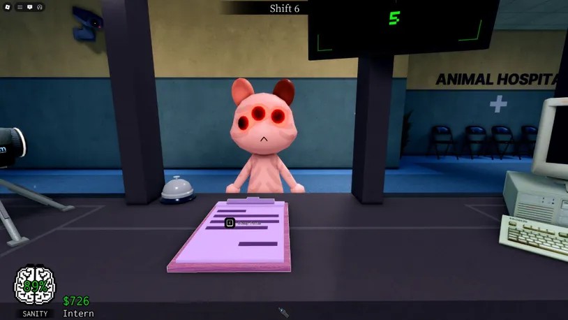 Roblox Animal Hospital reception gameplay reference Roblox Animal Hospital reception desk with the Shift 6 interface visible in the hospital-themed game